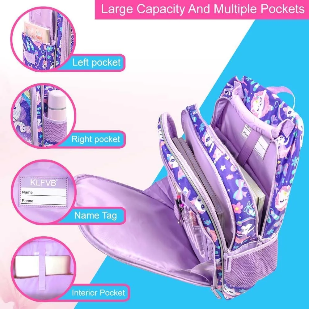 UFNDC 3PCS Cat Backpack for Girls, 16Kids Sequin Bookbag with Lunch Box, Water Resistant School Bag for Elementary Preschool Toddler