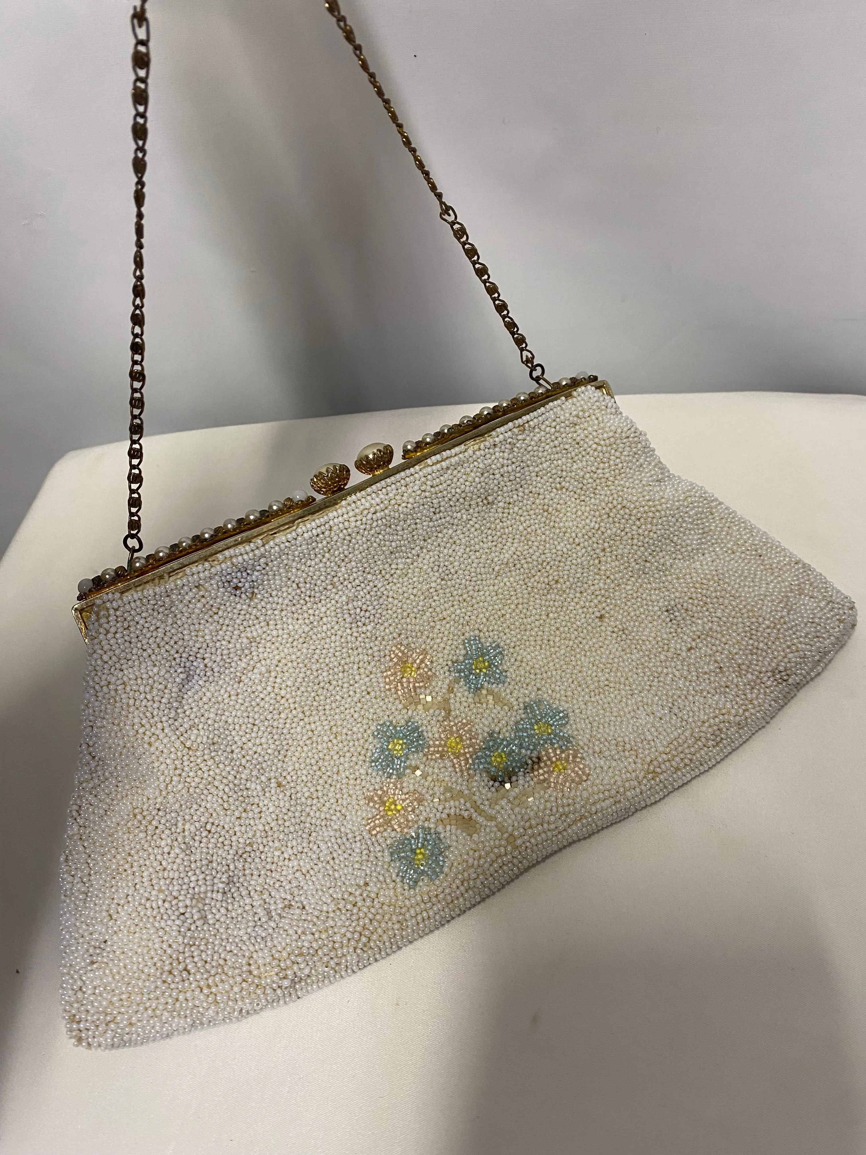 Vintage White Beaded Flower Mini Handbag