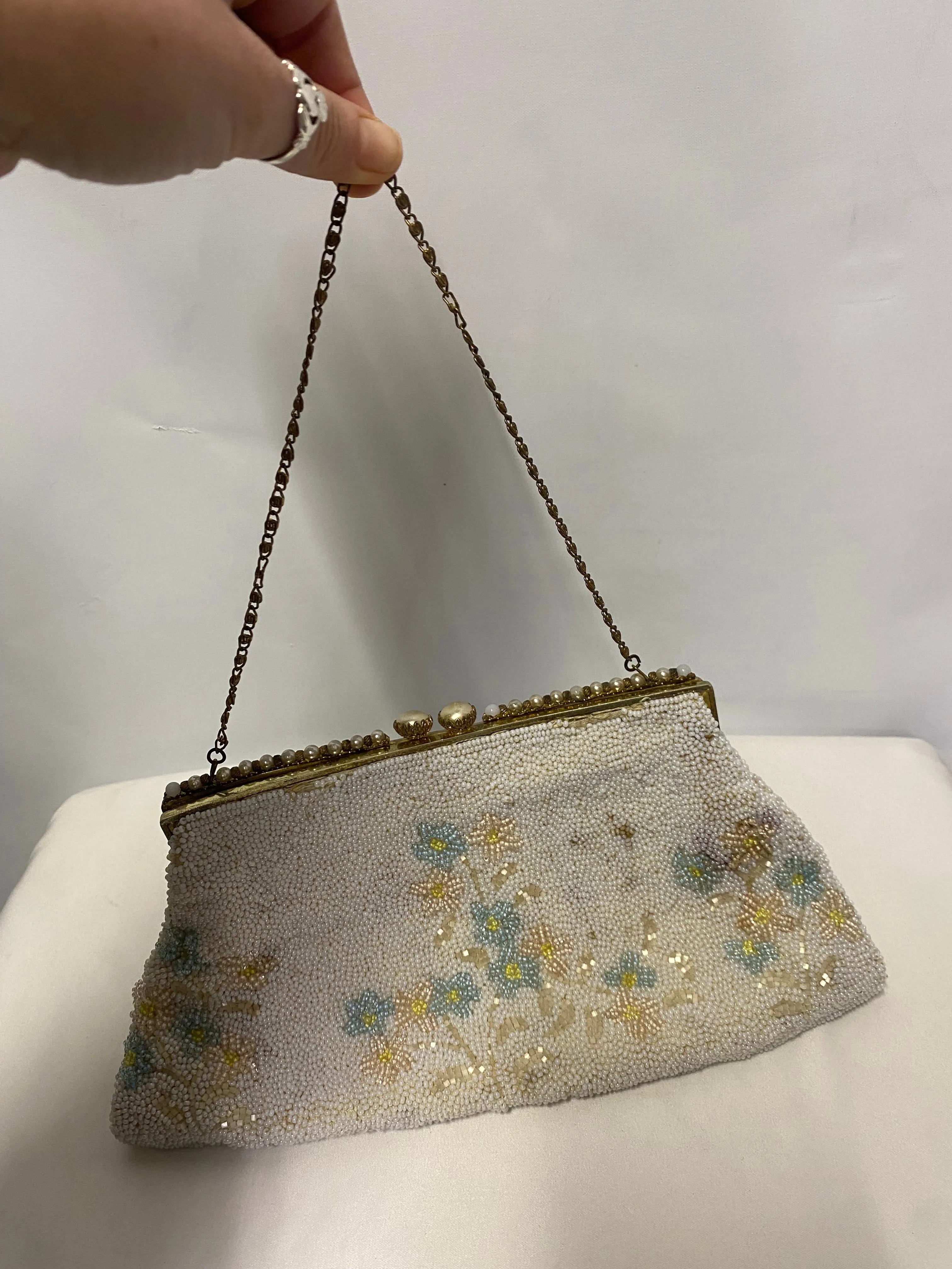 Vintage White Beaded Flower Mini Handbag