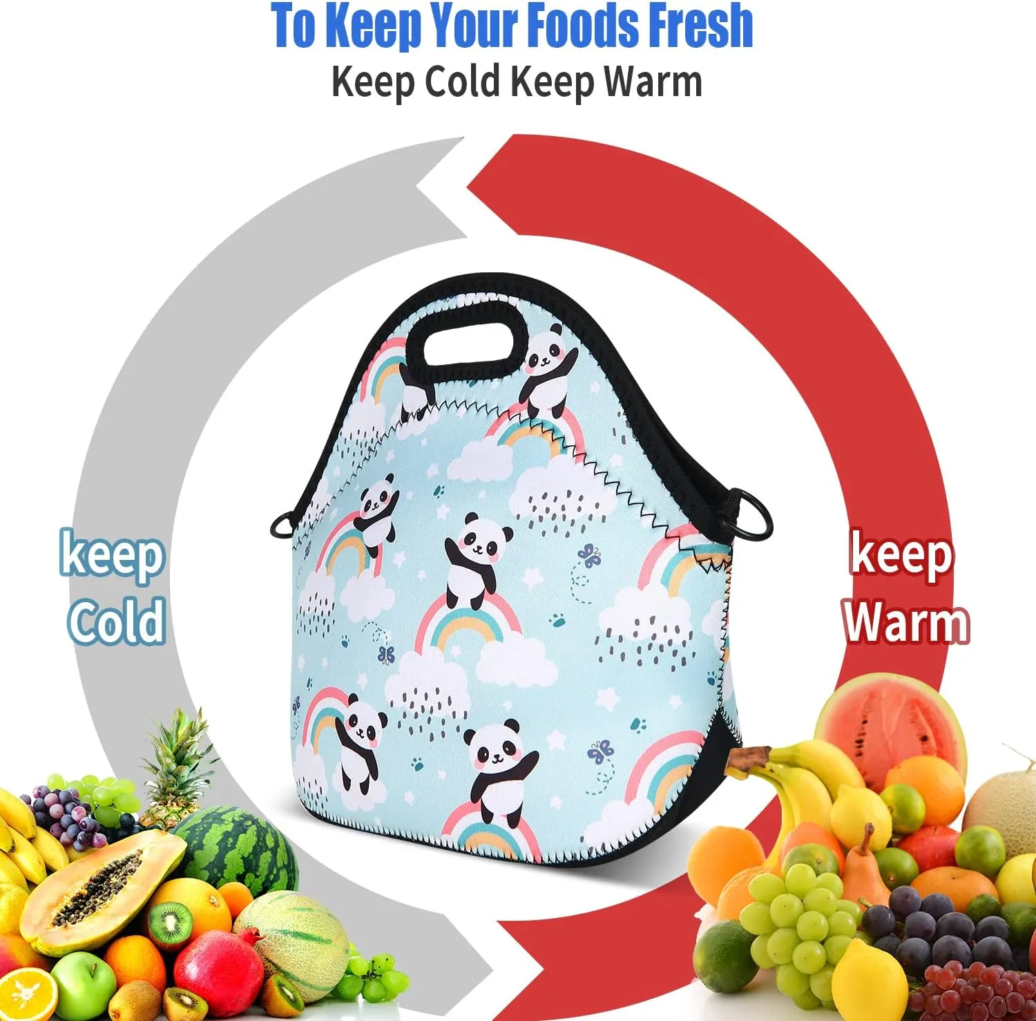 Violet Mist Womens Neoprene Insulated Lunch Bag Cute Reusable Lunch Box Panda Cartoon Animal Lunch Bags Tote Thick Food Handbags with Adjustable Shoulder Strap for Women Men Adults Picnic Work Gifts