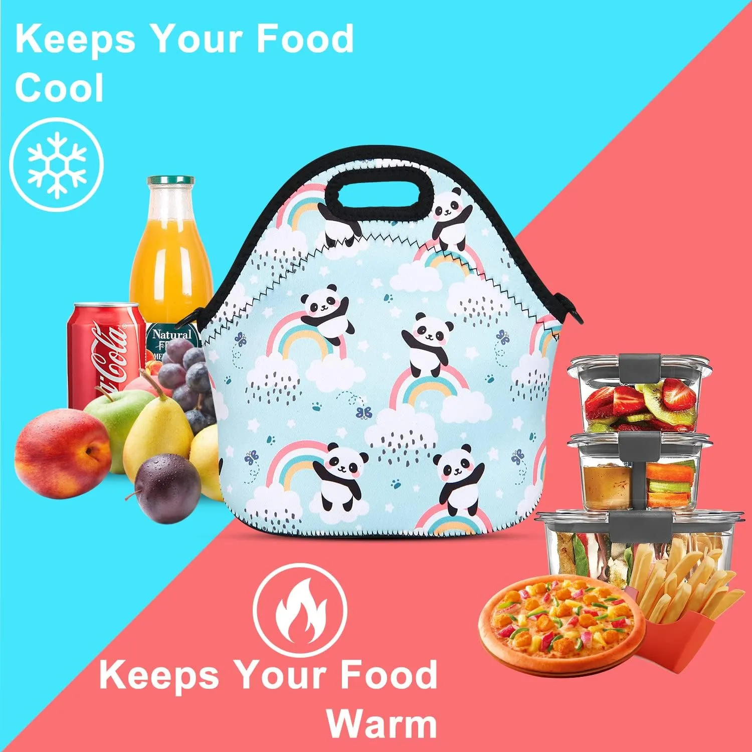 Violet Mist Womens Neoprene Insulated Lunch Bag Cute Reusable Lunch Box Panda Cartoon Animal Lunch Bags Tote Thick Food Handbags with Adjustable Shoulder Strap for Women Men Adults Picnic Work Gifts