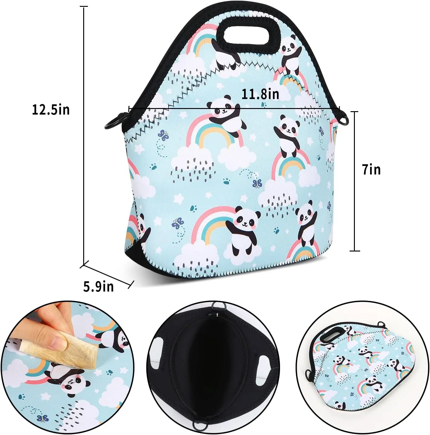 Violet Mist Womens Neoprene Insulated Lunch Bag Cute Reusable Lunch Box Panda Cartoon Animal Lunch Bags Tote Thick Food Handbags with Adjustable Shoulder Strap for Women Men Adults Picnic Work Gifts