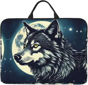 Wolf Night Moon Print Stylish 14in Polyester Laptop Bag Carry Laptop Bag With Water-Resistant Feature
